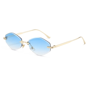 Luxury rimless sunglasses for women with blue gradient lenses and gold metal frames