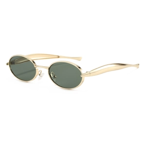 Chic oval metal sunglasses with green lenses and wide golden streamlined frames