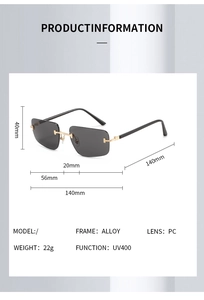 Detailed size specifications for rimless sunglasses with UV400 alloy frame measurements