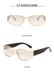 Front and 45-degree angle views of oval gold metal frames with clear lenses