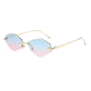Frameless hexagonal sunglasses for women with blue pink gradient lenses and gold frames