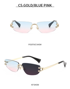 Detailed views of rimless sunglasses with gold metal temples and blue-pink gradient lenses