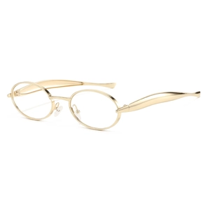 Oval gold metal sunglasses with thick streamlined temples in a modern minimalist design