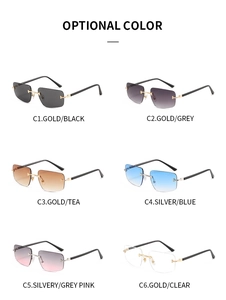 Six optional color schemes for rimless rectangle sunglasses with stylish metal hinges