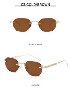 Vue détaillée de lunettes de soleil octogonales sans monture avec monture en métal doré