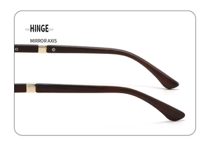 Detail of square sunglasses showing wood-grain textured temple and golden metal hinge