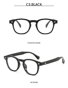 Detail view of black Boston style eyewear frames with silver diamond rivets in two angles