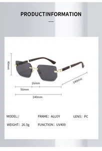 Detailed size specifications for rimless square sunglasses with alloy frame and UV400 lens