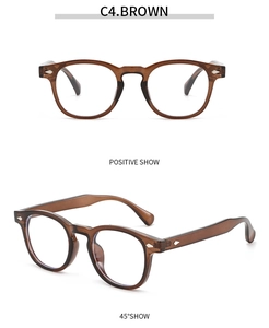 Detail view of brown round vintage frames with silver diamond studs and 45-degree angle