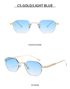 Détail de lunettes de soleil octogonales sans monture avec verres dégradés bleu clair