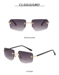 Front and 45-degree angle view of rimless grey gradient lenses with gold T-shaped metal hinges