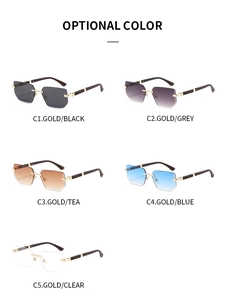 Detailed view of color options for rimless square sunglasses with tinted lenses