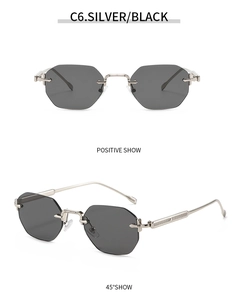 Détail des branches en métal argenté avec gravure sur lunettes de soleil octogonales