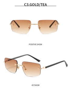 Front and 45-degree side views of rimless gradient tea sunglasses with T-metal accents