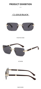 Detail view of square rimless sunglasses with gold black frame and wood grain temples