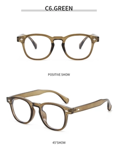 Detail view of transparent olive green round frames with stylish rivet accents