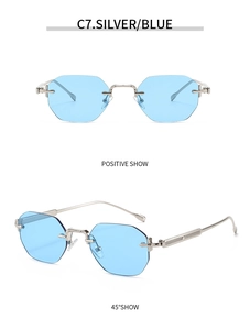 Vue détaillée de lunettes de soleil octogonales sans monture en métal argenté et bleu