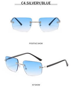 Frameless sunglasses with blue gradient lenses and silver metal hinges in two views