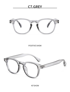 Front and 45-degree angle view of grey transparent round frame sunglasses with studs