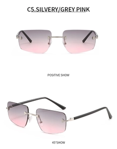 Detail view of rimless gradient grey pink sunglasses with silver metal T-hinge accents