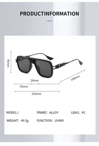 Size guide for aviator sunglasses with frame measurements, UV400 protection, and weight details