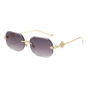 Frameless rimless polygon sunglasses with gold snake temple and purple gradient lenses