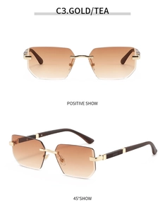 Detail of square rimless sunglasses with gold metal frame and gradient tea lenses