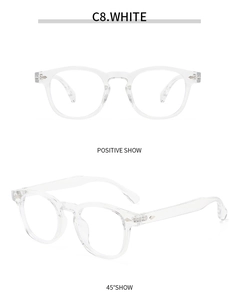 Detailed front and side views of transparent Boston style frames with metal rivet accents