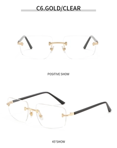 Front and 45-degree views of rimless gold sunglasses with clear lenses and black temples