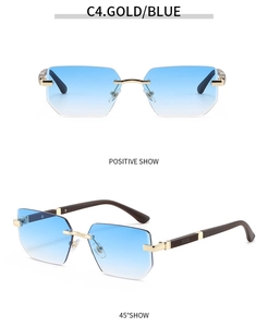 Detail views showing rimless blue gradient lenses with gold bridge and brown temples