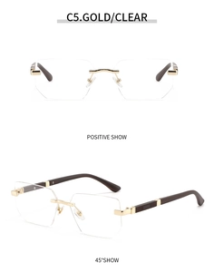 Detail view of gold rimless square sunglasses with brown wood pattern temples in two angles