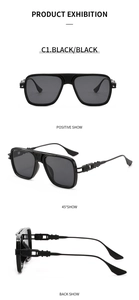Vertical display showing multiple angles of black retro oversized square sunglasses