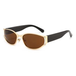 Futuristic oval sunglasses with gold metal frame and dark brown lenses on white background