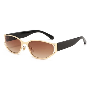 Futuristic oval sunglasses with gold frames and brown gradient lenses on a white background