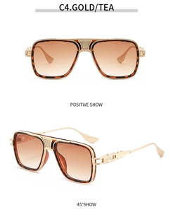 Front and 45-degree angle views of gold metal aviator sunglasses with tea gradient lenses