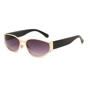 Futuristic oval sunglasses with gold semi-rimless frames and purple gradient lenses