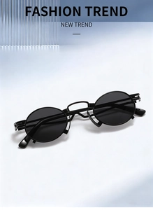 Steampunk black oval sunglasses on glass pillars against blue and white background