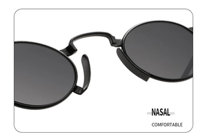 Detail view of the comfortable nose bridge and pads on retro round sunglasses