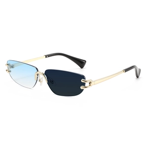 Frameless irregular rimless sunglasses with blue gradient lenses and gold metal temples