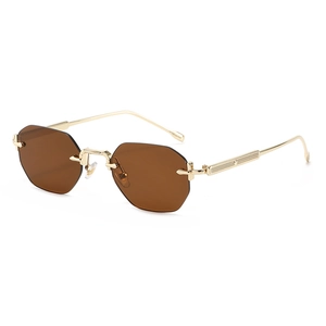 Lunettes de soleil hexagonales sans monture à verres bruns et branches dorées chic