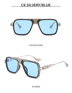 Macro view of silver metal frames and blue lenses on these retro aviator sunglasses