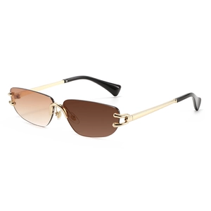Frameless rimless sunglasses with brown gradient lenses and gold metal temples