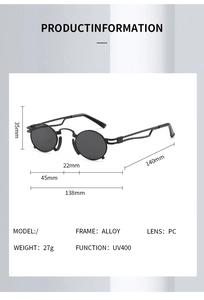 Detailed size specifications for retro round sunglasses with hollowed-out geometry temples
