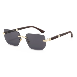 Rimless Square Sunglasses UV400 Protection PC Lens Alloy Frame Wood Grain Temples Fashion Outdoor Eyewear