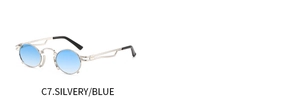 Detailed close-up of silver steampunk sunglasses with blue gradient lenses and hollow temple design