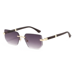 Fashion rimless square sunglasses with gradient purple lenses and wood grain temples