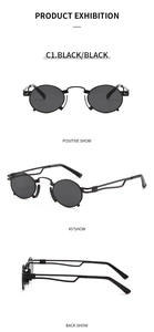 Detailed views of retro round black metal sunglasses with unique hollow temple design