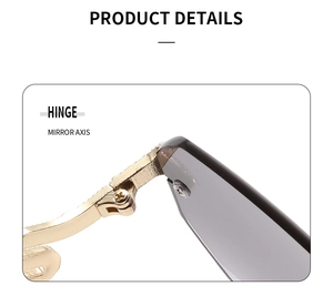 Detail of golden metal hinge and gradient grey lenses on rimless sunglasses