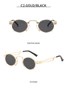 Close-up of retro round gold metal sunglasses with black lenses from two display angles