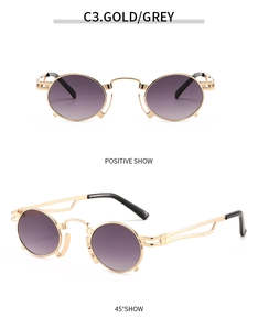 Front and 45-degree angle views of steampunk round sunglasses with gold metal frame